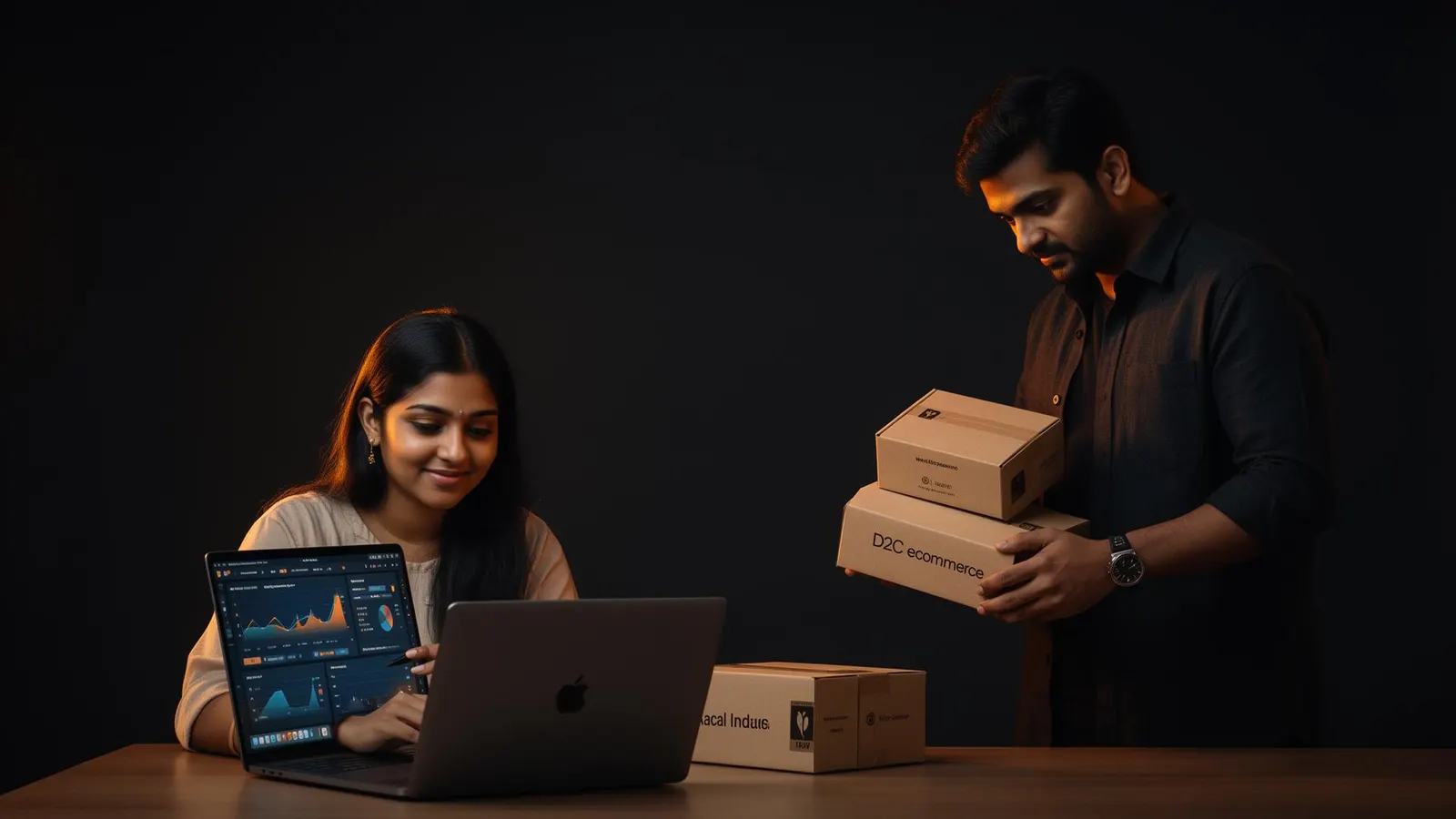 Diverse D2C ecommerce founders reviewing retention analytics and brand packaging